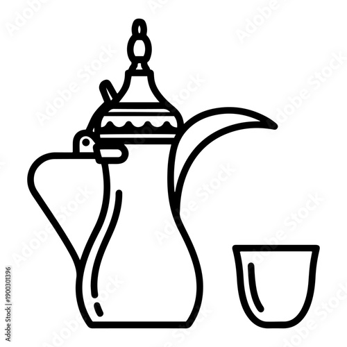 Traditional Arabic coffee pot Dallah and cup Finjan icon in outline style