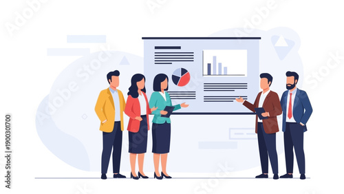 Business Team Presentation Meeting with Charts and Graphs on Screen