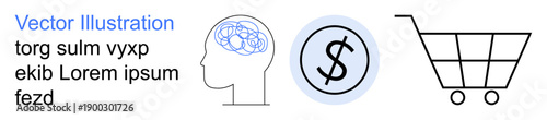 Business strategy, finance, shopping trends, decision-making, neuroscience, consumer behavior. A brain outline, money symbol and shopping cart icons. Business strategy and finance concept