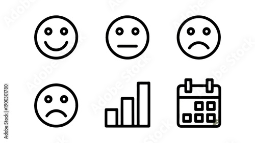 Icon set of emoticons, progress graph, and calendar.