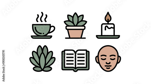 Collection of wellness icons representing relaxation and calm.