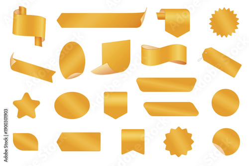 Collection of shiny gold sale stickers, tags, ribbons, and label shapes for promotions, discounts, and marketing designs, isolated on white background vector illustration