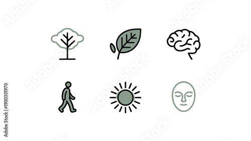 A set of line art icons: tree, leaf, brain, person, sun and face.