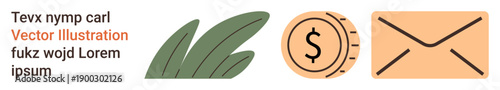 Financial planning, communication, environmental balance, eco-friendly economy, sustainability, wealth management. Coin, leaf and envelope icons side by side. Financial planning and communication