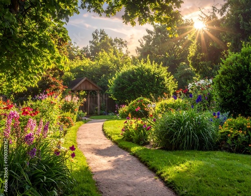 A sun-drenched pathway winds through a colorful, vibrant garden, leading towards a shaded structure. Lush greenery frames the scene