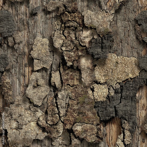 Forest Concealment Peeling Cracked Aged Tree Bark Camo, Hunting Camouflage, Seamless Pattern Texture