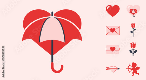 Red Heart Umbrella and Love Icons Set.