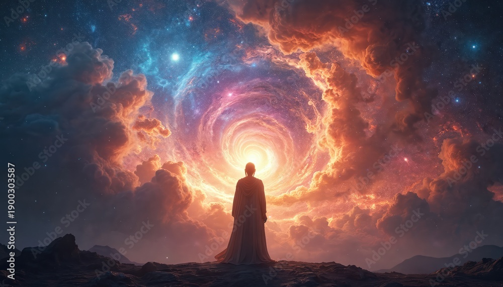 Fototapeta premium Figure stands on planet looking at cosmic nebula creation. Stars, galaxies form spiral vortex. Celestial clouds glow with bright light. Divine energy expands outwards. Universe scene epic, colorful.