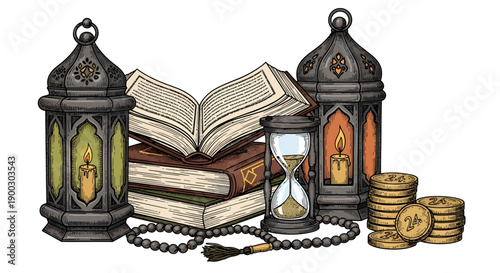 Ramadan Islamic Illustration with Open Quran, Lanterns, Prayer Beads, Coins and Hourglass in Vintage Hand Drawn Style