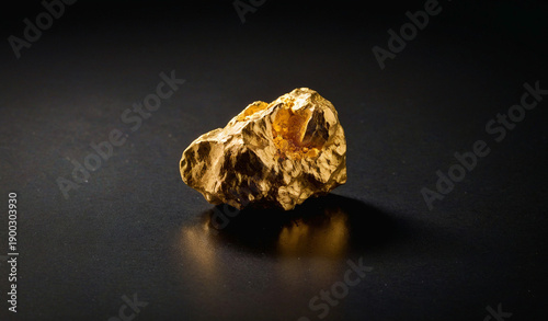 Natural Gold Nugget on Reflective Black Surface. Shiny Raw Precious Metal Ore. Luxury Concept of Mining Geology, Financial Wealth, Investment, Economy Market, Rare Mineral and Expensive Texture.