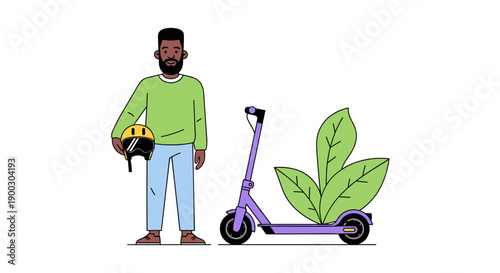 Eco friendly electric scooter with green leaves and a man holding a helmet representing sustainable urban transportation and a healthy lifestyle