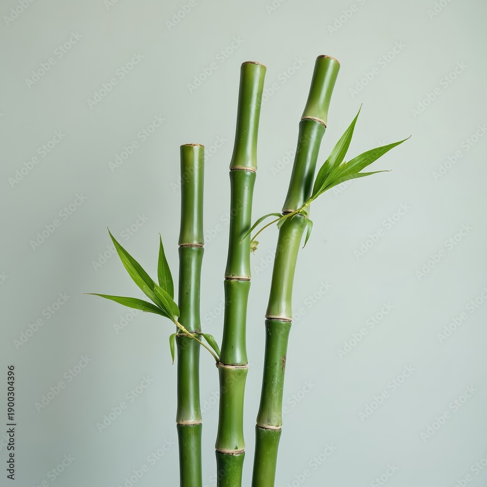 Fototapeta premium Four green bamboo stalks with leaves grow in clear space. Minimalist composition with natural elements. Serene plant stems with segments on pale backdrop.
