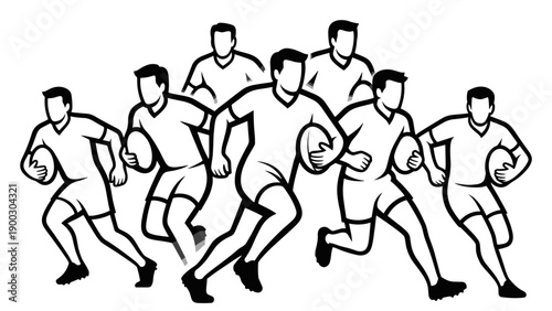 Dynamic illustration of a rugby team in motion showcasing athletic players running with the ball teamwork and competitive spirit on a white background