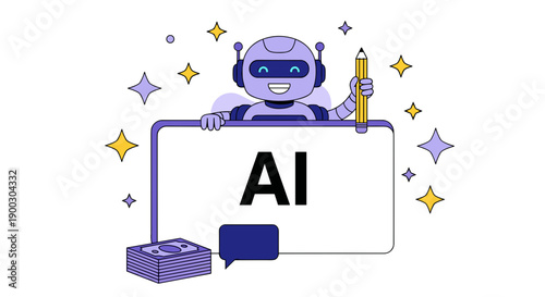 Friendly cartoon robot character holding a pencil and standing behind a digital tablet displaying the letters 'ai' symbolizing artificial intelligence