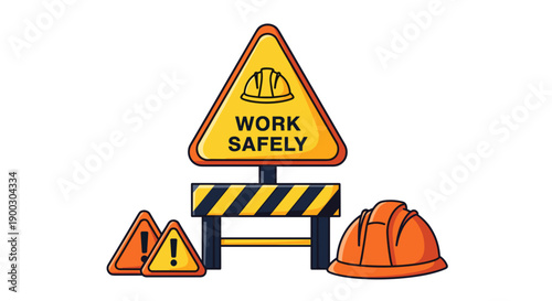 Yellow triangular warning sign with 'work safely' text and hard hat symbol accompanied by two smaller hazard signs and an orange construction helmet