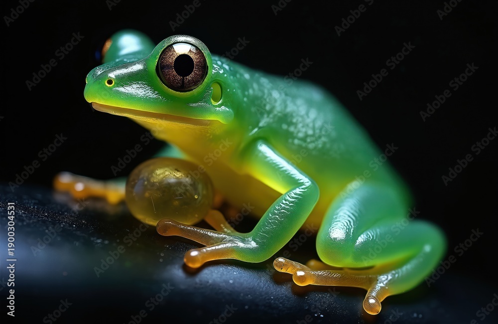 Fototapeta premium Green frog with translucent belly guards clutch of transparent eggs. Tiny amphibian sits on dark surface near jungle plant. Macro wildlife focus on parent animal.