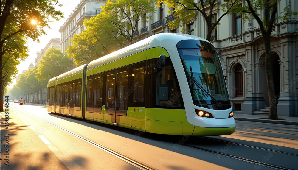 Naklejka premium Modern electric tram travels on city street. Green and white vehicle moves down track past buildings and trees. Passenger transport goes through urban landscape.