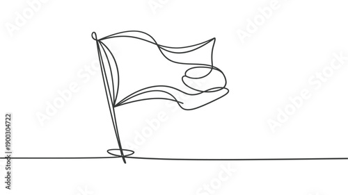 Minimalist line drawing of a waving flag on a simple base