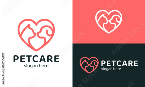 Creative pet care logo design template illustration. cat and dog with love design vector icon symbol