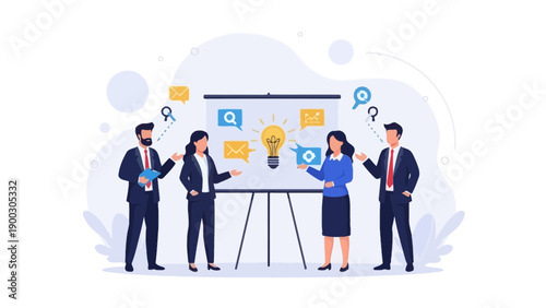 Diverse business team brainstorming new ideas at a whiteboard presentation