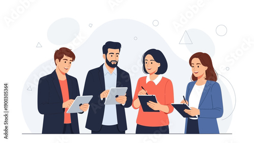 Diverse business team collaborating and planning with digital tablets and notebooks.