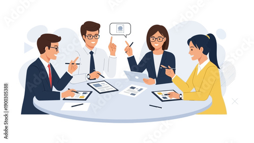 Diverse business team collaborating around a round table, discussing ideas and planning