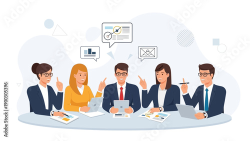 Diverse business team collaborating around a table with charts and laptops