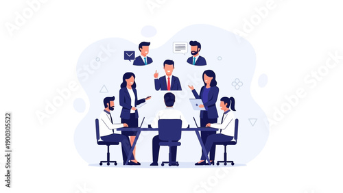 Diverse business team collaborating in modern office meeting, remote work concept