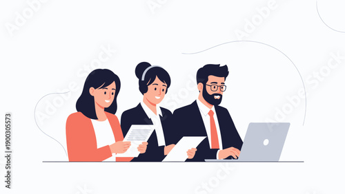 Diverse business team collaborating on a project with laptop and documents