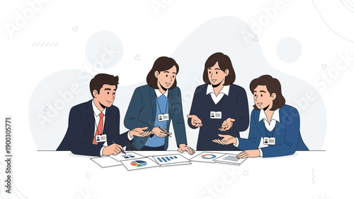 Diverse business team collaborating on project strategy, discussing reports and charts.