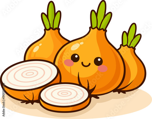 Cute kawaii onion vegetable character vector illustration isolated on white background.