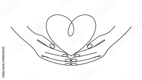 Hands gently cradling a heart formed by a continuous line drawing