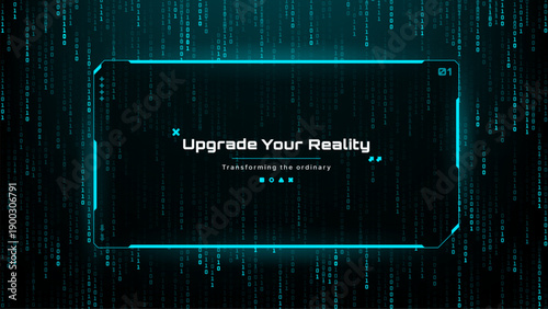 Digital data background with binary code and Upgrade Your Reality text. Concept of virtual innovation and future technology.