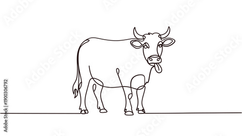 Minimalist line drawing depicts a cow s head and body in a continuous stroke