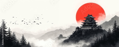 Ink wash illustration shows Japanese castle complex on misty mountain peak. Flock of birds fly across bright red sun disk. Pine trees line dark forest edge.