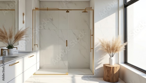 Modern frameless glass shower enclosure with brass hardware in a bright bathroom. Marble tile walls and minimalist vanity complement clean lines. Natural light streams through large window.