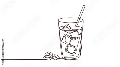 A single line drawing of a glass with ice and a straw
