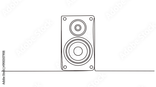 Line drawing of a modern speaker with dual drivers and mounting holes
