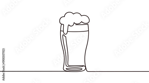 A single line drawing depicting a glass of beer with foamy head