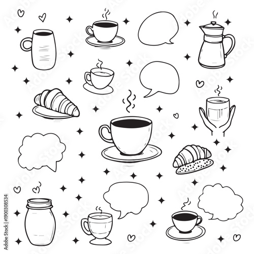 Hand drawn La Dolce Vita breakfast or brunch doodle. Cute black and white coffee doodle icon set featuring kettle, croissant, cookies, jar and happy characters.