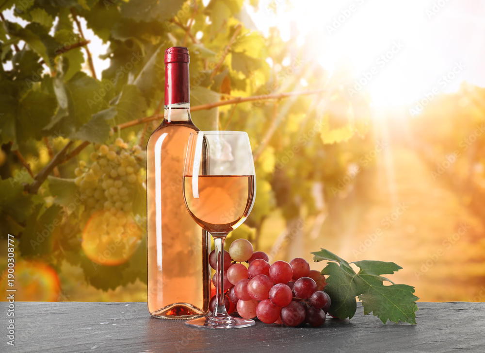 Fototapeta premium Wine and fresh grapes on table. Glass and bottle in sunny vineyard