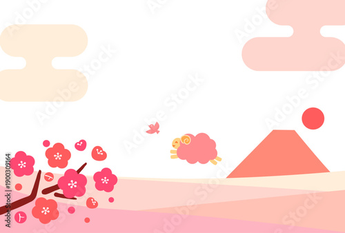 未年年賀状用、羊が富士山と梅の花の咲く風景で笑顔でジャンプするピンクの横型背景素材(文字なし)