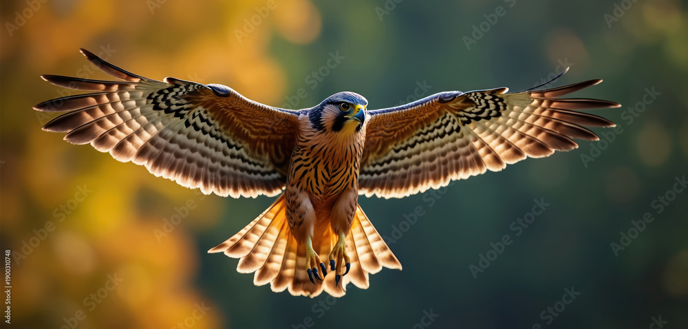Fototapeta premium A kestrel hawk flies with its wings spread wide, showcasing its intricate feather patterns. This powerful bird of prey soars through the air, its sharp talons extended, hunting for prey.