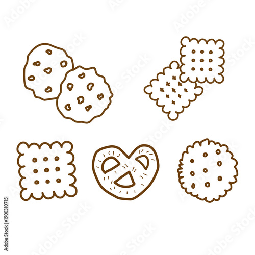 Set of hand drawn cookies, Doodle line hand drawn of cookies. Set of various cracker and biscuits for food theme, hand drawn various biscuit. Food frame cookies.