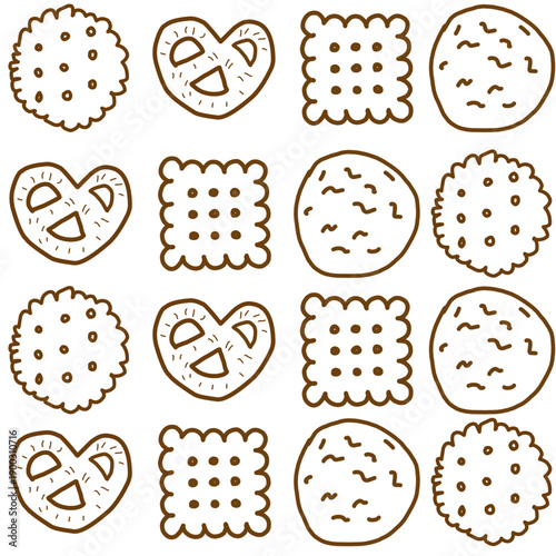Set of hand drawn cookies, Doodle line hand drawn of cookies. Set of various cracker and biscuits for food theme, hand drawn various biscuit. Food frame cookies.