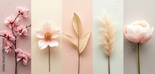 Five soft pastel color floral elements arranged vertically in panels. Includes cherry blossom branch, delicate flower, dry leaves, pampas grass, and peony bloom.