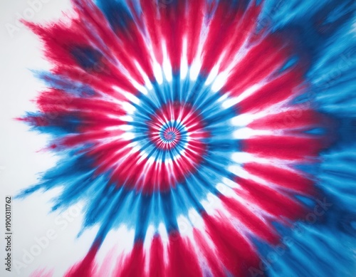Red and blue tie dye pattern swirls outward from a central point on white fabric. The abstract design creates energetic visual appeal for clothing and decor projects. Colors blend vibrantly.