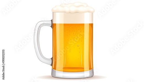 A tall, clear glass mug is filled with amber-colored liquid and topped with a fluffy, white head of foam