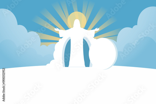 Jesus Christ ascends into heaven surrounded by clouds and divine light rays