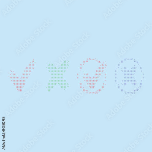 Dotted checkmark and cross symbols in red green and blue on light blue background dots